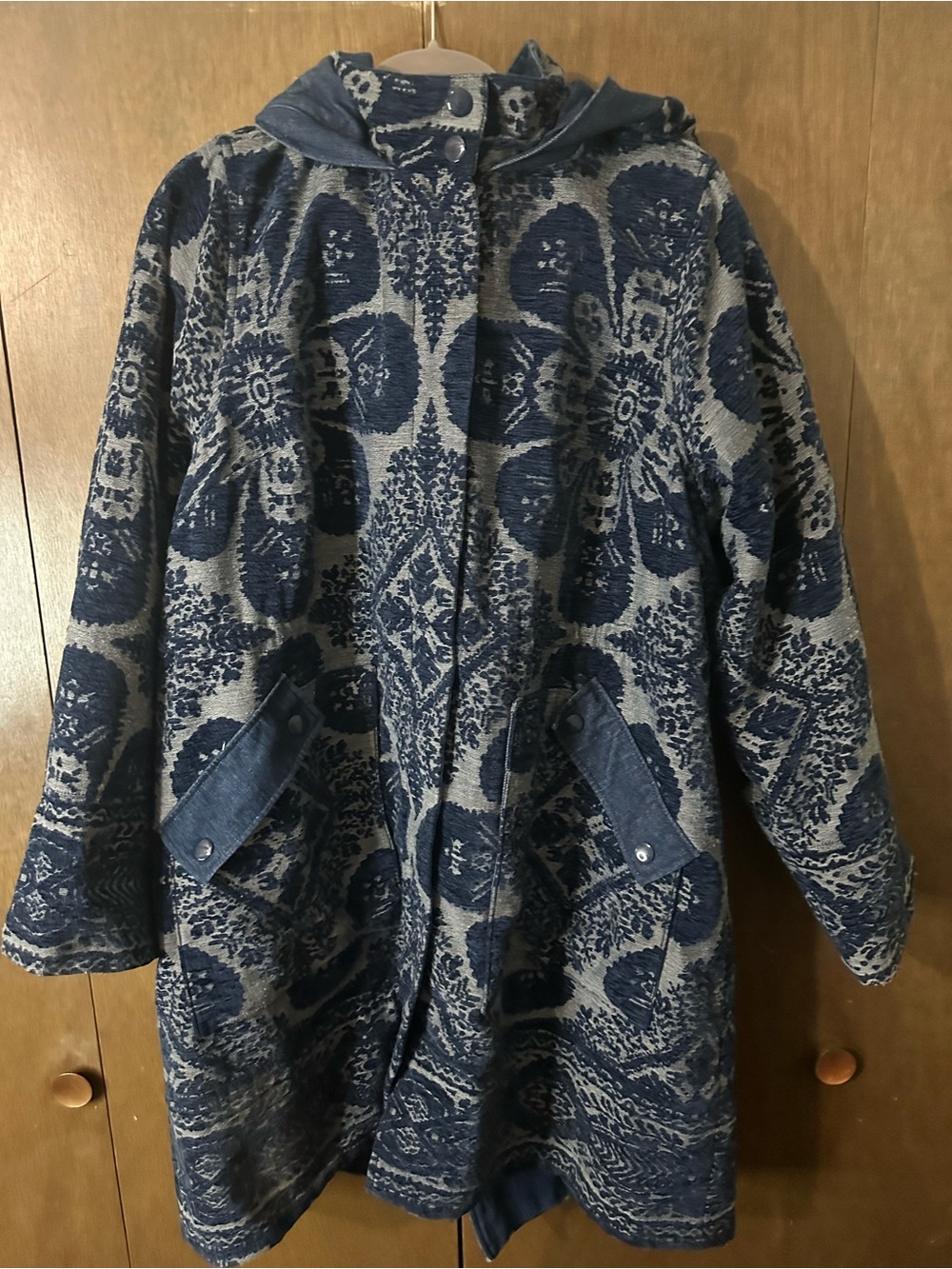 Anthropologie Blue Chenille Tapestry Patterned Long Women's Coat Parka Sz 1X - Picture 6 of 16